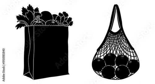 Comparison of a grocery bag and a reusable mesh produce bag for shopping Vector, illustration