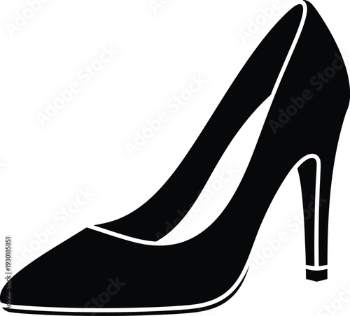Black silhouette of a classic high-heeled pump shoe for women on a white background.