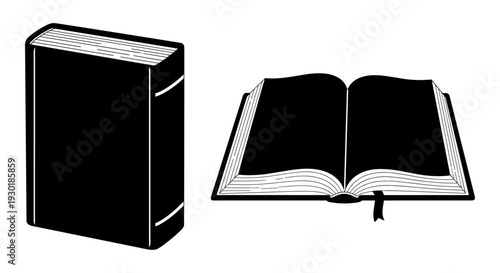 Silhouette of a closed book and an open book with a ribbon bookmark Vector, illustration