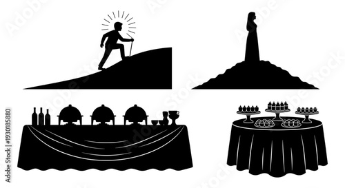Silhouettes of a climber, statue, amphitheater, and banquet hall under the night sky Vector, illustration