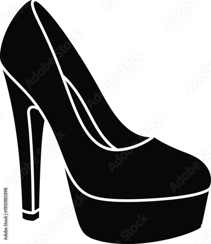 Black silhouette of a platform high heel shoe isolated on a white background for fashion design.