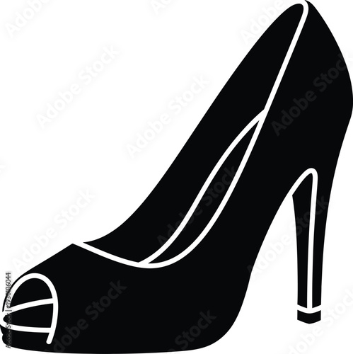 Black silhouette of a classic high-heeled peep-toe pump shoe on a white background