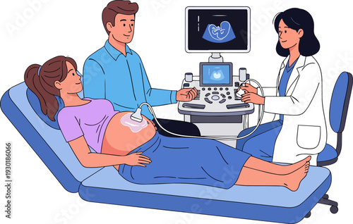Pregnant Woman Partner and Doctor During Ultrasound Scan