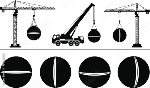 Set of black silhouettes featuring tower cranes and mobile crane lifting large heavy spheres for industrial construction engineering and specialized material handling projects