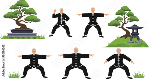 Senior Man Practicing Tai Chi and Qigong Exercises in Zen Garden with Bonsai Trees and Lantern for Health and Wellness