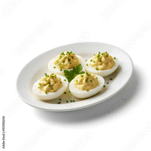three classic deviled eggs appetizer on white background