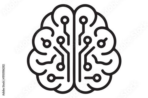 Human brain icon with electronic circuit pattern representing artificial intelligence and digital neurology concept on transparent backdrop