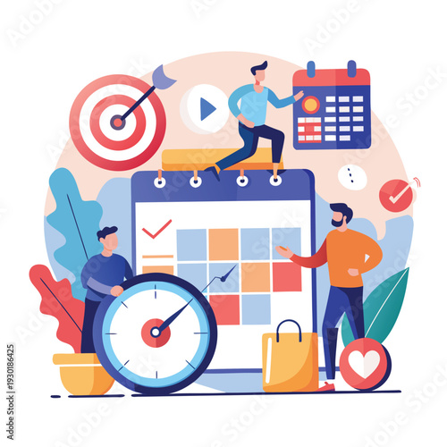  Time Management and Productivity Illustration with Calendar, Clock, and Goal Target  Flat Vector Design