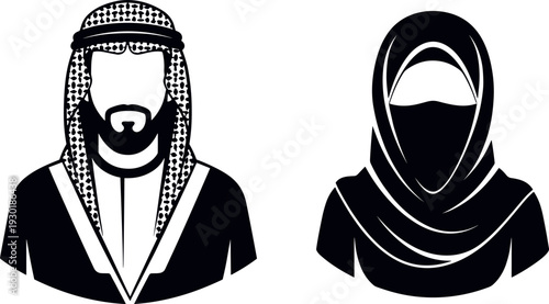 Arabic Muslim Couple Vector Avatar Icons Set Featuring Traditional Middle Eastern Clothing With Ghutra Keffiyeh Shemagh and Niqab Hijab Minimalist Style