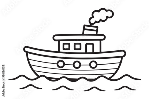 Old tugboat coloring page isolated on transparent background with ocean waves and smoke from chimney for nautical activity book education