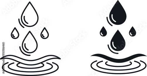 Abstract Water Drop Icons with Ripples and Splashes Representing Purity Nature Conservation Hydration and Liquid Flow Minimalist Vector Line Art