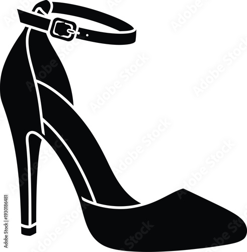 Black silhouette of a classic high-heeled stiletto shoe with an ankle strap and buckle