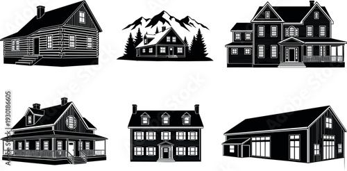Black and White Silhouette Vector Set of House Variations Including Log Cabin Mountain Retreat Modern Farmhouse and Traditional Family Homes