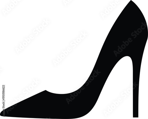 Black silhouette of a classic high-heeled stiletto shoe isolated on a white background.