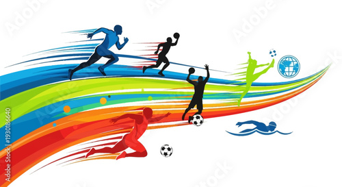 Dynamic illustration of various athletes participating in different sports like running, handball, soccer, gymnastics, and swimming, set against a vibrant, flowing rainbow background.