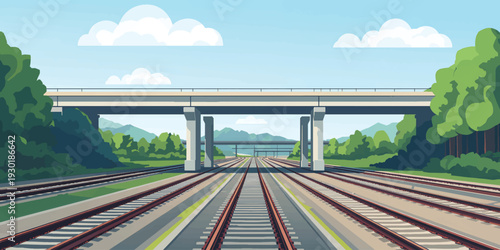 Multiple Railway Tracks Under Overpass – Transport Vector Illustration