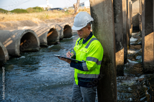 A young engineer specializing in inspecting the operation of hydraulic dam gates