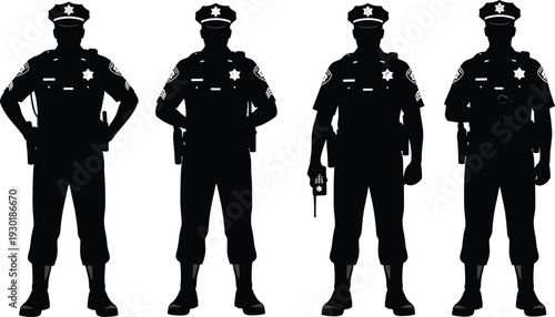 Set of Four Professional Police Officer Silhouettes in Uniform with Badges and Gear for Law Enforcement Security and Public Safety Graphics