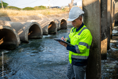 A young engineer specializing in inspecting the operation of hydraulic dam gates