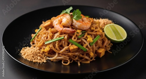 Delicious Shrimp Noodle Dish on Black Plate.