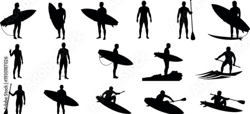 Black silhouette collection of surfers paddleboarders and kayakers standing with surfboards and rowing on water isolated on white background