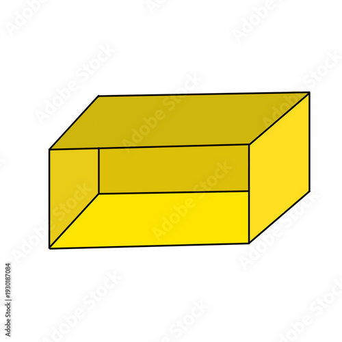 3D yellow rectangular box illustration with front perspective view and open interior.