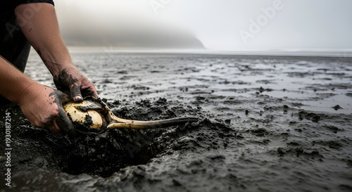 Fisherman Harvesting Large Geoduck Clam on Muddy Beach