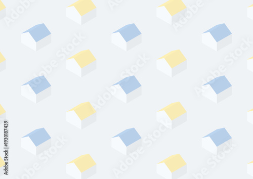 同じ形をした青と黄色の家がずらりと並んでいるアイソメトリックイラスト