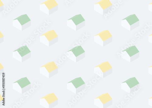 同じ形をした黄色と緑の家がずらりと並んでいるアイソメトリックイラスト