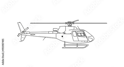 Line Art Illustration of a Modern Helicopter in Flight, Side View