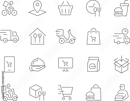 Food Delivery and Online Ordering Line Icons Set with Restaurant, Courier Service, Takeaway, Grocery and E-commerce Editable Stroke Vector Collection