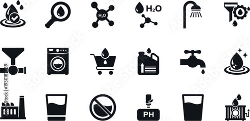 Comprehensive Water Quality Icons Set Featuring Purification Filtration Industrial Processing Molecular Structure Domestic Usage Laboratory Testing and Eco Friendly Hydration Symbols