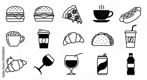 Assorted food and drink illustrations displayed on a white background from a straightforward viewpoint