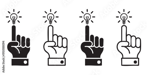 Set of four black and white icons representing an idea or a solution, with a hand pointing to a lightbulb