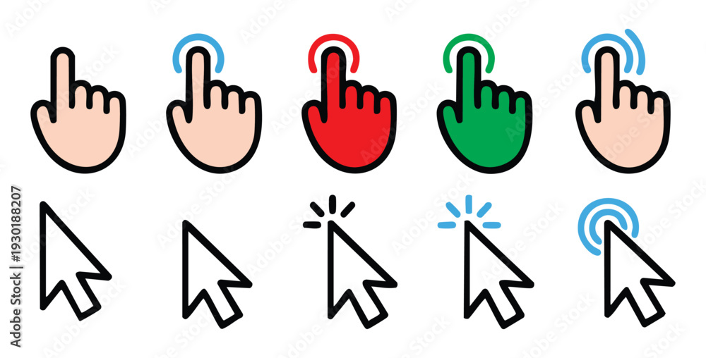 Obraz premium Collection of hand cursor icons and mouse pointer icons for user interface design elements