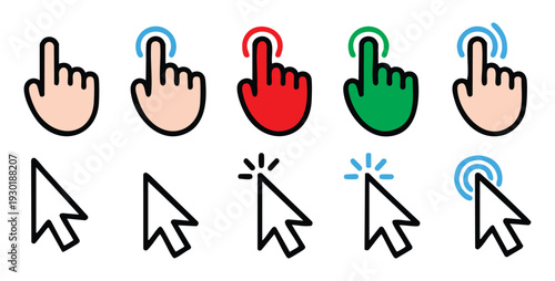 Collection of hand cursor icons and mouse pointer icons for user interface design elements