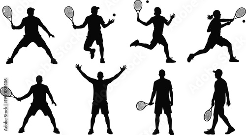 Tennis Player Silhouettes Set Featuring Professional Athletes In Action Poses Including Serving Hitting Backhand Forehand And Celebrating Victory Isolated Vector