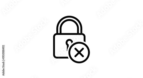 Locked Padlock with Red Cross Symbol Icon, Security Breach, Access Denied, Data Protection Failure