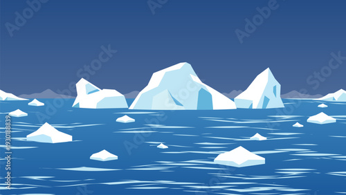Cartoon vector illustration of Antarctica with tall ice mountains, glaciers, floating icebergs, and light snowfall over the icy sea.