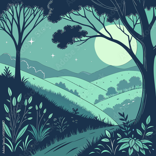 Tranquil twilight landscape with rolling hills, silhouetted trees, and a large glowing moon in a starry sky.