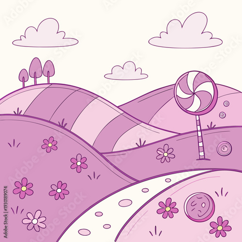 Whimsical pink landscape with rolling hills, fluffy clouds, cute flowers, and a giant lollipop, evoking a sweet dream world.
