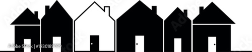Minimalist row of stylized house silhouettes with central white home contrasting black houses, symbolizing uniqueness, individuality, and architectural diversity illustration