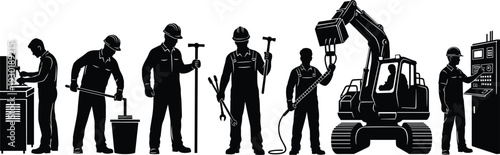 Set of black silhouettes of industrial workers using heavy machinery tools and control panels for manufacturing construction engineering and professional factory maintenance projects