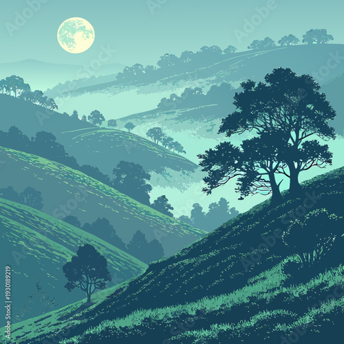 Misty rolling hills and valleys at dusk with a large full moon rising, silhouetted trees creating a serene and atmospheric landscape.