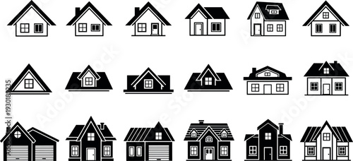 Set of black and white house icons featuring modern suburban homes cottage silhouettes residential architecture property real estate and building symbols