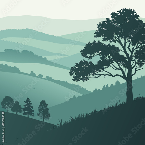 Misty layered landscape illustration of rolling hills and distant mountains, featuring a prominent tree silhouette in a cool, tranquil color scheme.