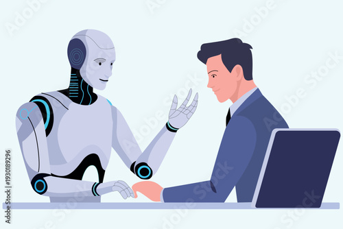 A human and a robot engaging in a formal conversation at a desk