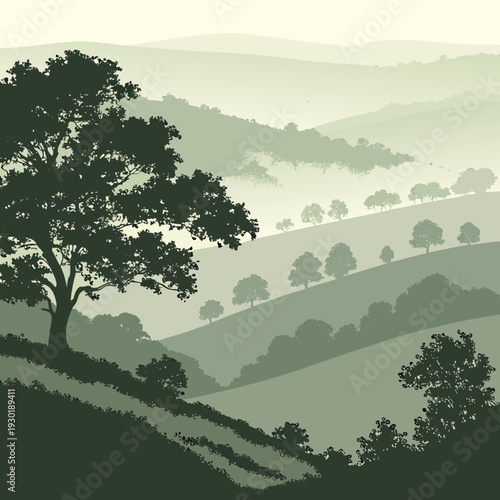 Muted Green Landscape with Silhouette Tree on Hillside and Misty Distant Hills