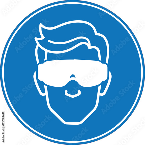 Wear eye protection sign. Mandatory ISO 7010 safety glasses required pictogram in blue circle icon.