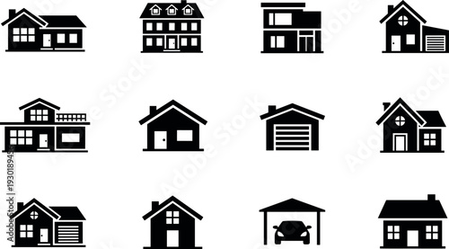 Set of black house icons including suburban homes cottages modern villas garages and residential building silhouettes for real estate architecture design